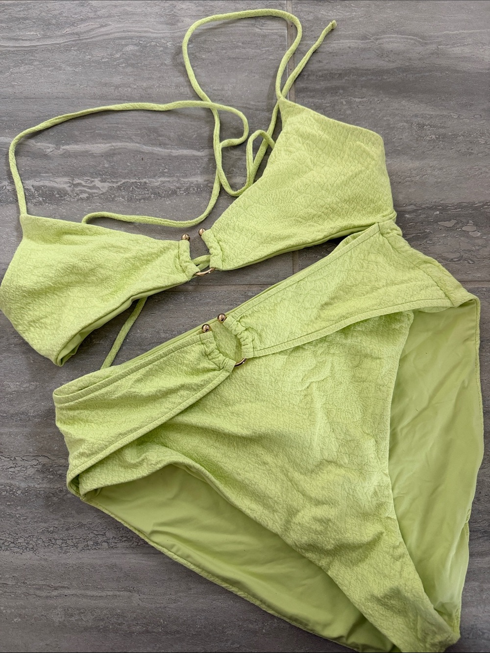 Lime Green Textured Tie Bikini Set - Women's Swimwear